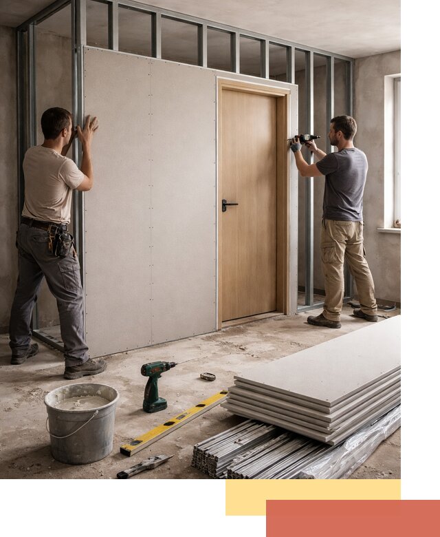 Перегородка из гипсокартона с дверью под ключ в Раменском