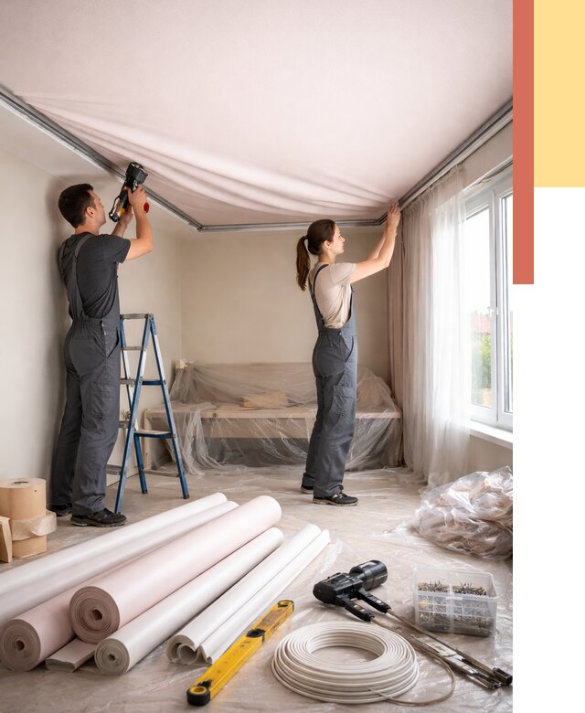 Монтаж цветного натяжного потолка в Раменском от 4258 руб/м² — быстро и недорого | ОТДЕЛОЧНИК-Рмн