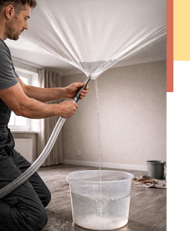 Слив воды с натяжного потолка в Раменском от 2535 руб. быстро и недорого | ОТДЕЛОЧНИК-Рмн