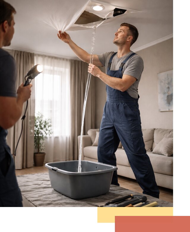 Слив воды с натяжного потолка в Раменском быстро и аккуратно