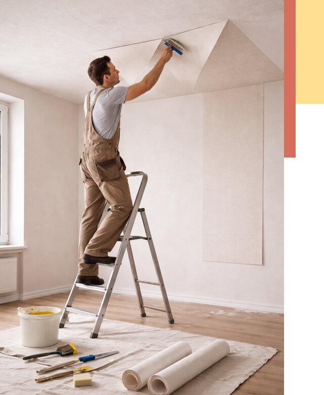 Поклейка обоев на потолок в Раменском от 4563 руб. быстро и недорого | ОТДЕЛОЧНИК-Рмн